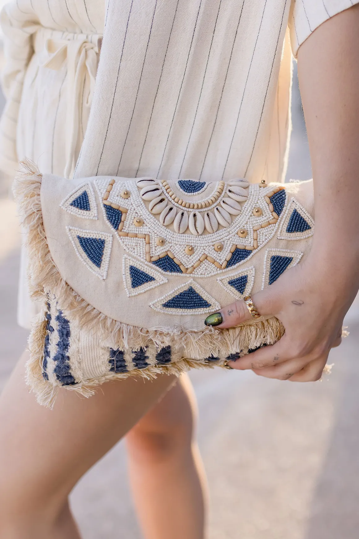 Abbott Beaded Fringe Clutch Ivory