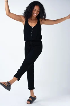 Abigail Sleeveless Racerback Drawstring Waist Linen Jumpsuit Black
