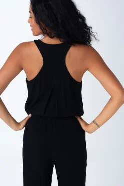 Abigail Sleeveless Racerback Drawstring Waist Linen Jumpsuit Black