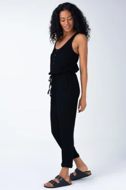 Abigail Sleeveless Racerback Drawstring Waist Linen Jumpsuit Black