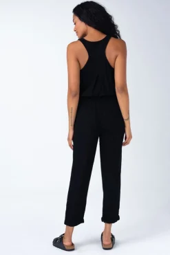 Abigail Sleeveless Racerback Drawstring Waist Linen Jumpsuit Black