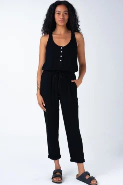 Abigail Sleeveless Racerback Drawstring Waist Linen Jumpsuit Black