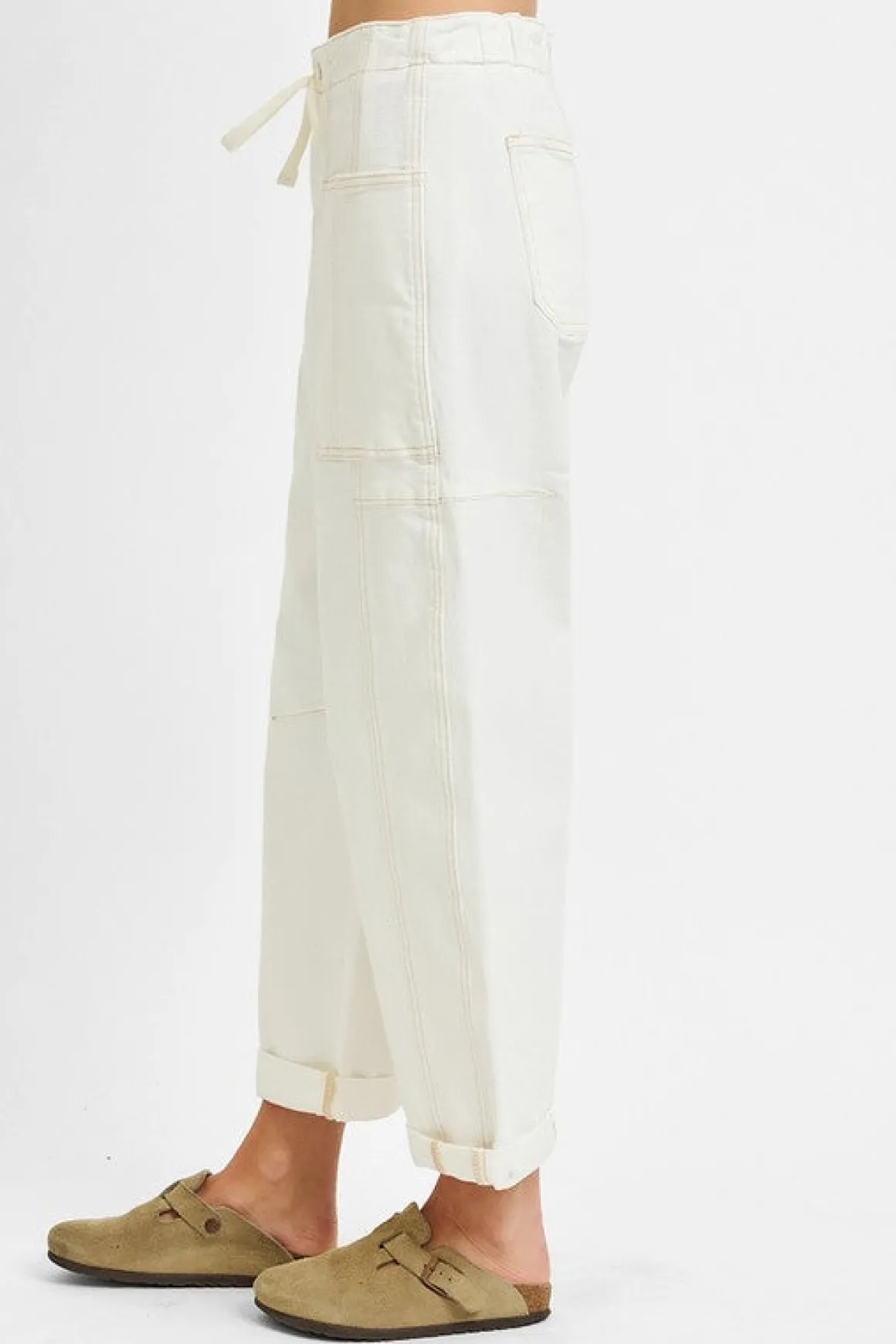 Ada High Rise Crop Wide Barrel Cargo Pants Cream