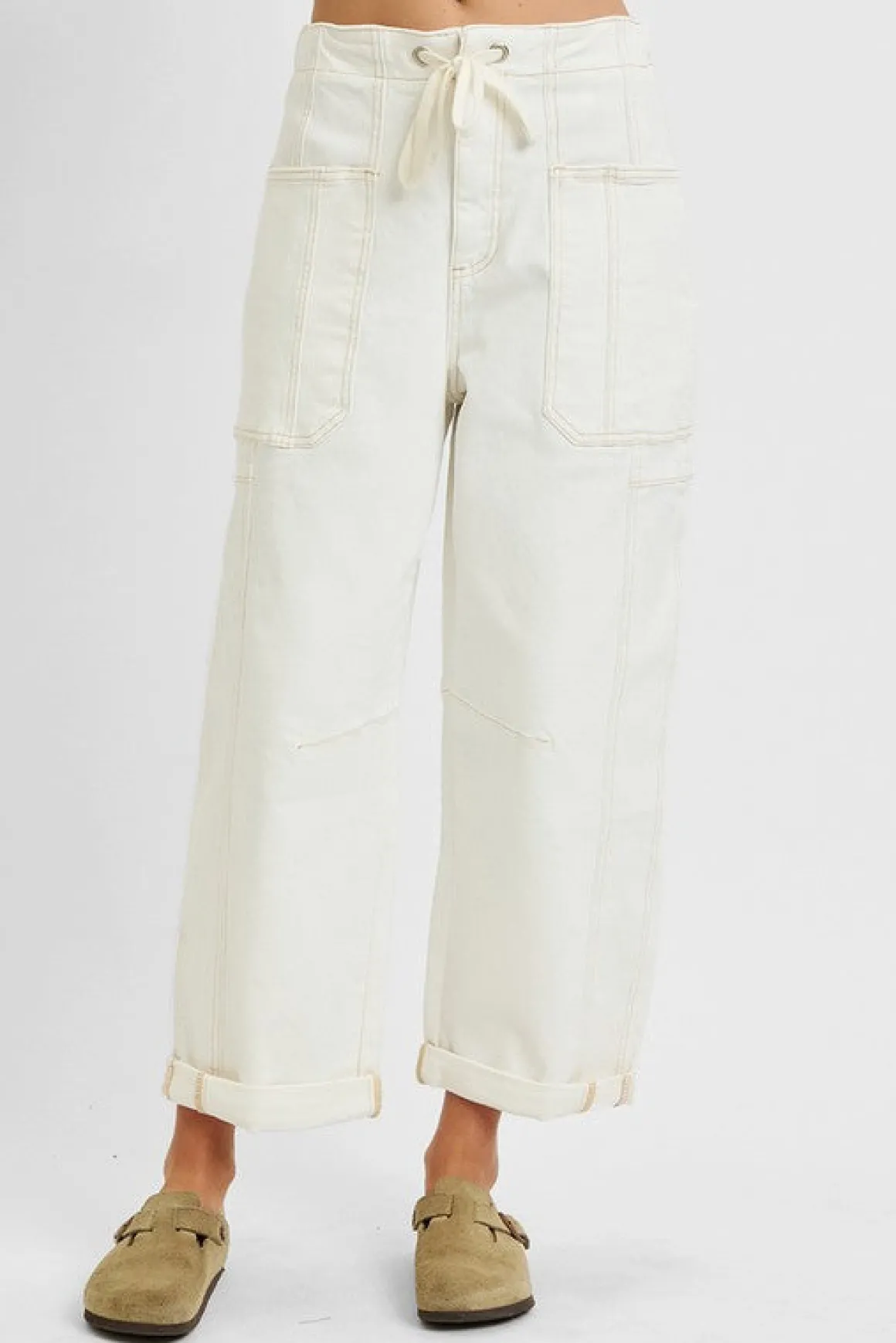 Ada High Rise Crop Wide Barrel Cargo Pants Cream