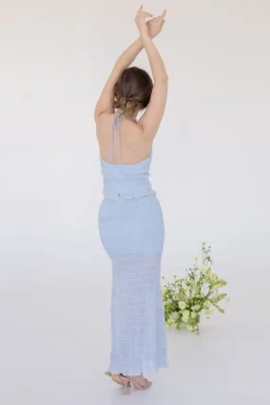 Addison Sleeveless Ruffle Halter Top And Maxi Skirt Set Blue