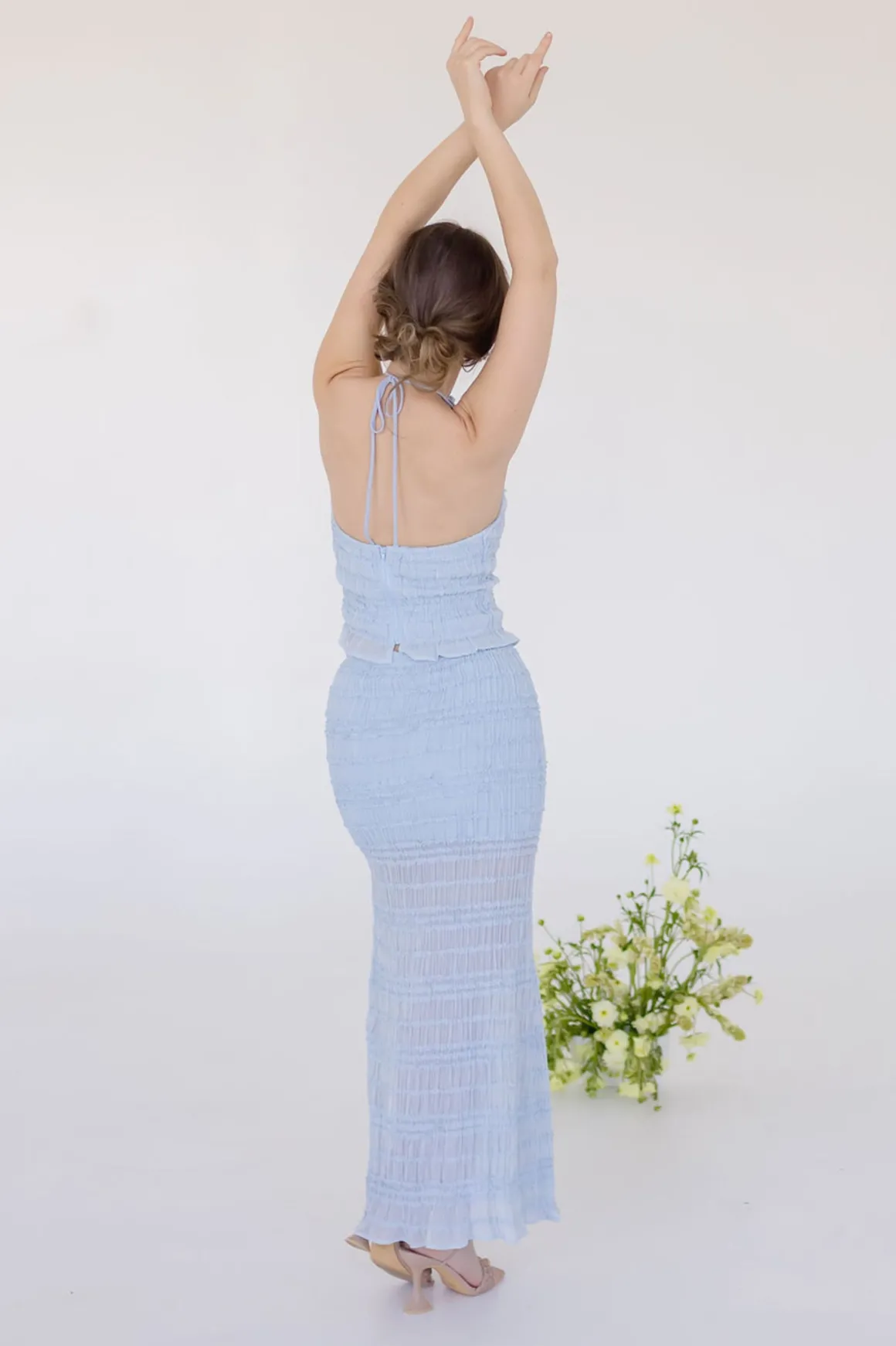 Addison Sleeveless Ruffle Halter Top And Maxi Skirt Set Blue