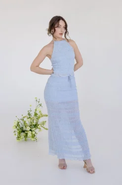 Addison Sleeveless Ruffle Halter Top And Maxi Skirt Set Blue