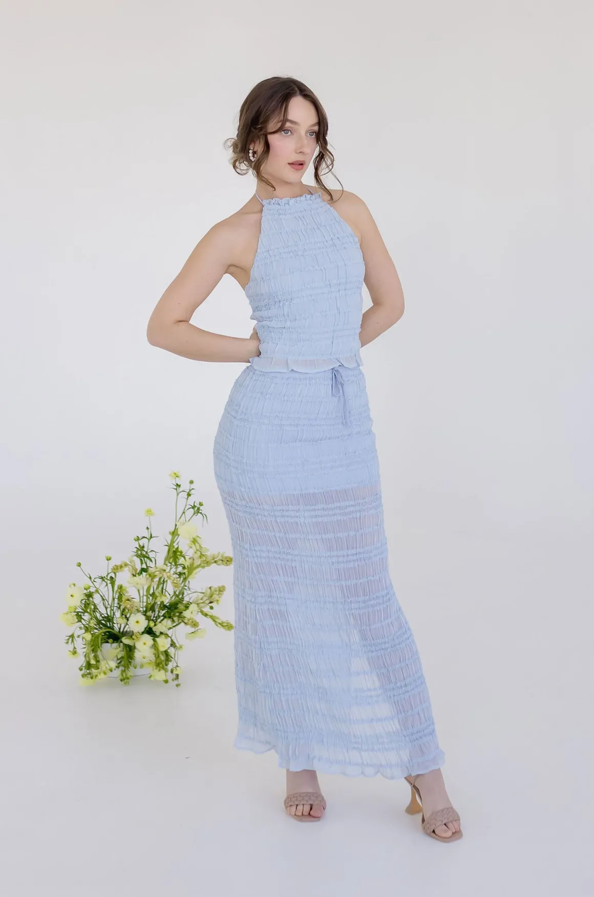Addison Sleeveless Ruffle Halter Top And Maxi Skirt Set Blue