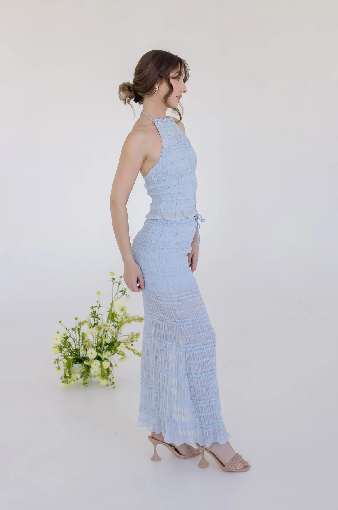 Addison Sleeveless Ruffle Halter Top And Maxi Skirt Set Blue
