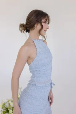 Addison Sleeveless Ruffle Halter Top And Maxi Skirt Set Blue