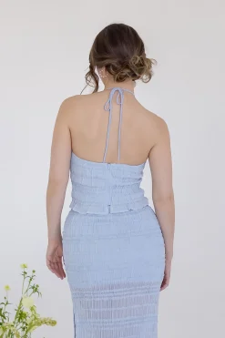 Addison Sleeveless Ruffle Halter Top And Maxi Skirt Set Blue