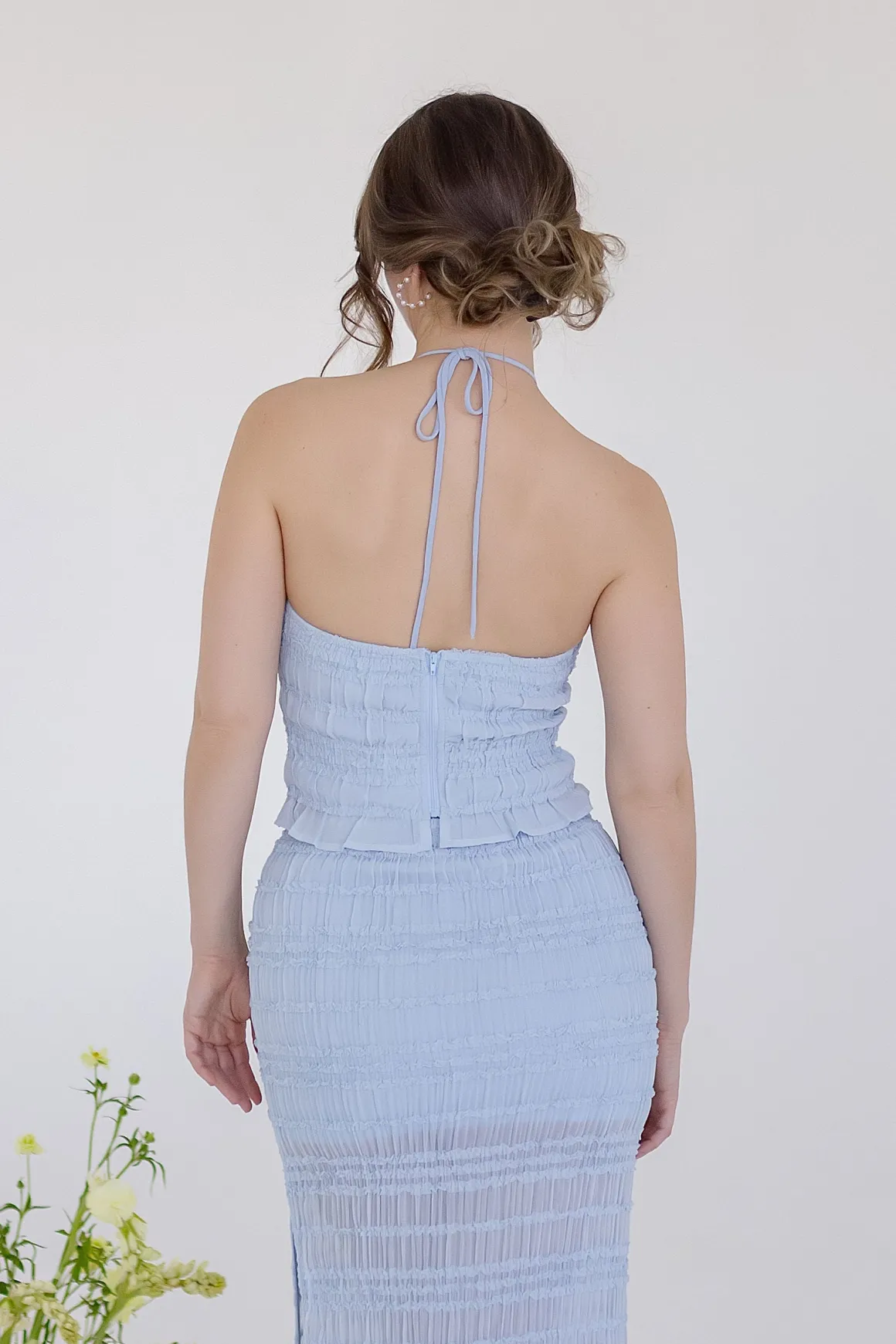 Addison Sleeveless Ruffle Halter Top And Maxi Skirt Set Blue