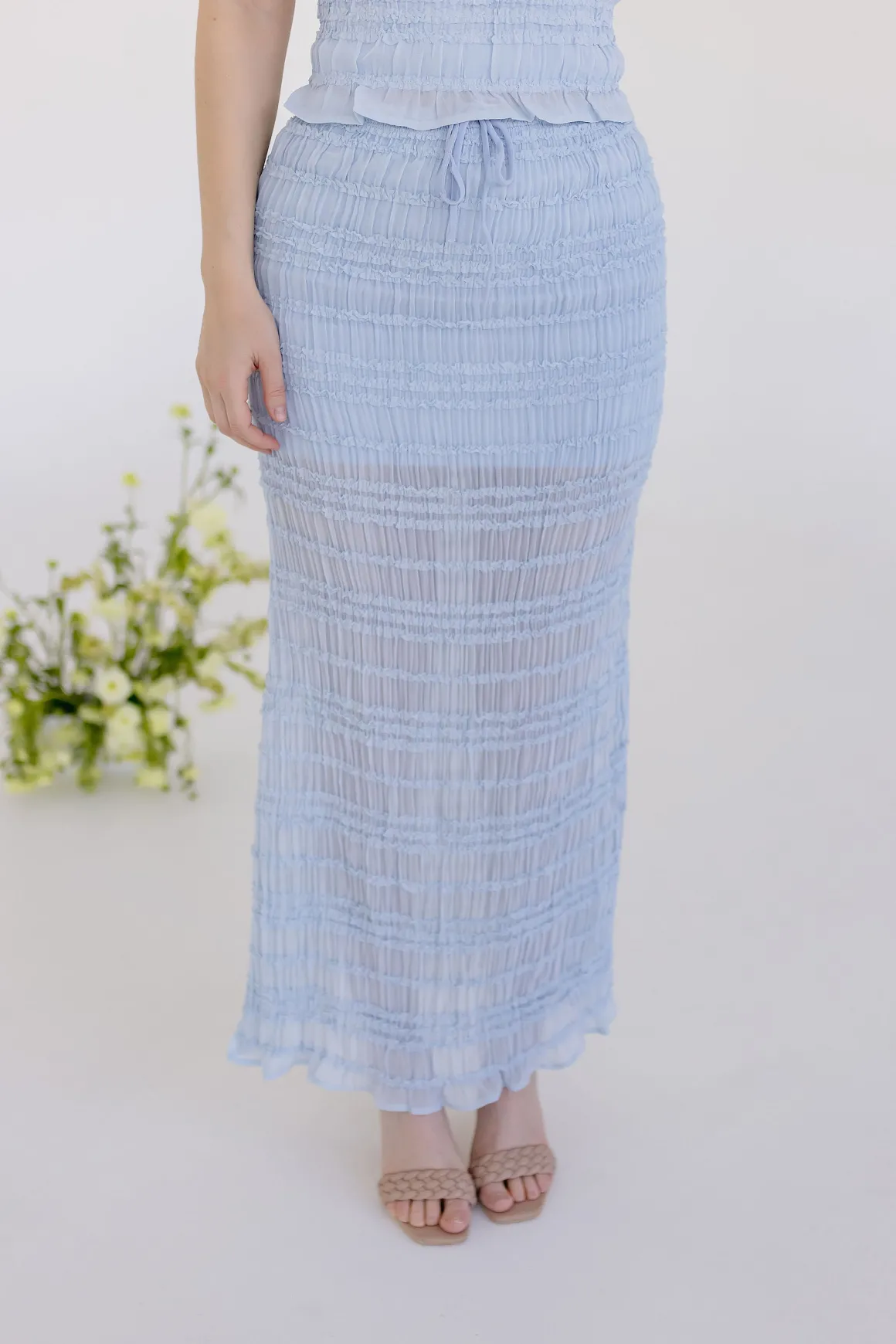 Addison Sleeveless Ruffle Halter Top And Maxi Skirt Set Blue