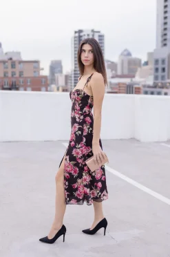 Aesha Sleeveless Shoulder Tie Floral Print Midi Dress Pink