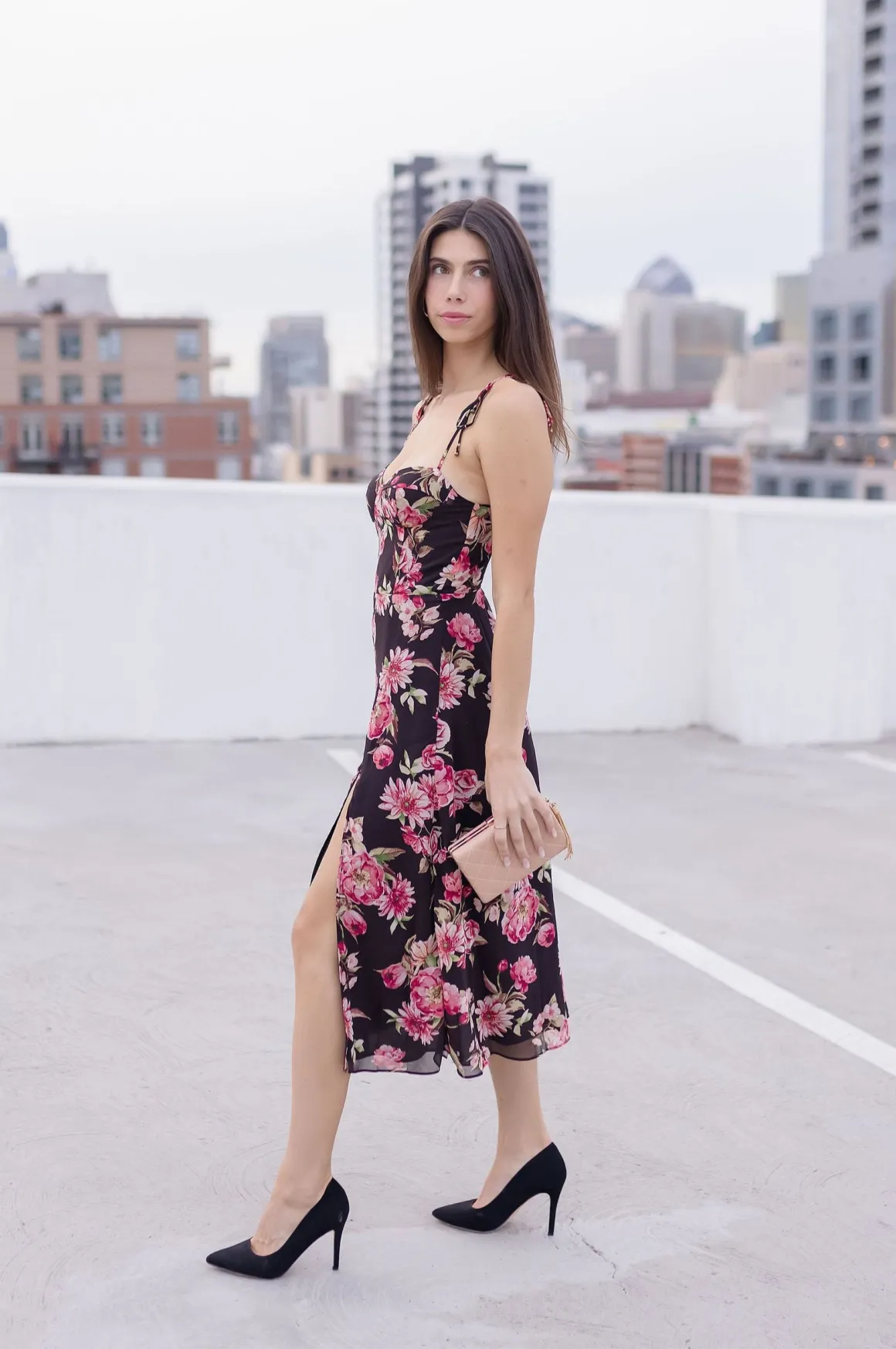 Aesha Sleeveless Shoulder Tie Floral Print Midi Dress Pink