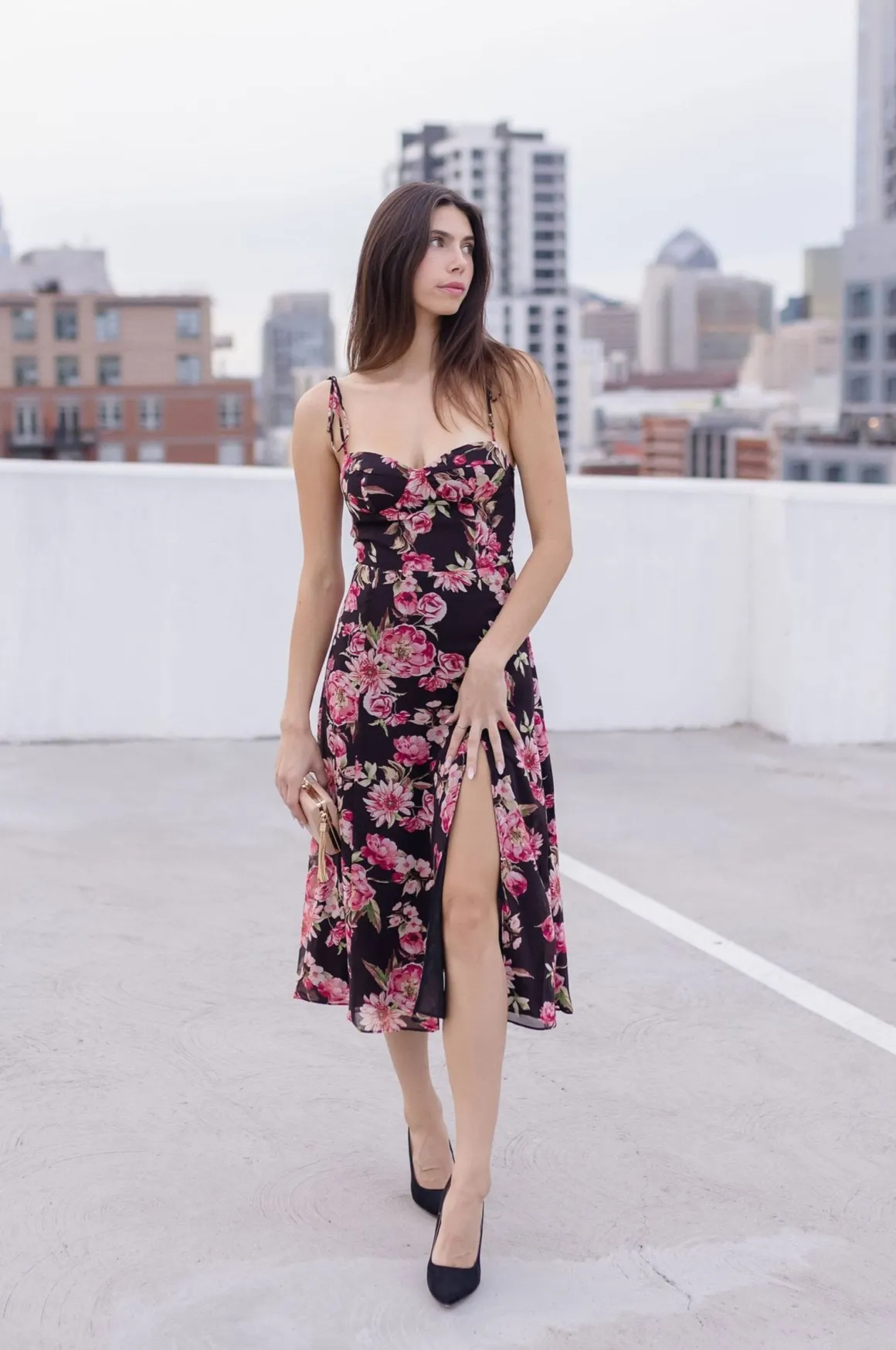 Aesha Sleeveless Shoulder Tie Floral Print Midi Dress Pink