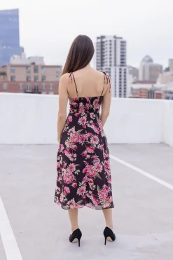 Aesha Sleeveless Shoulder Tie Floral Print Midi Dress Pink