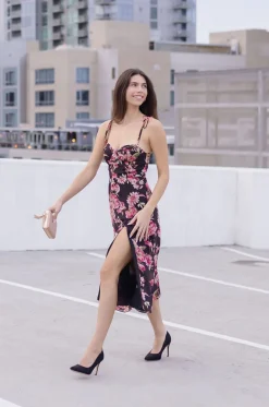 Aesha Sleeveless Shoulder Tie Floral Print Midi Dress Pink