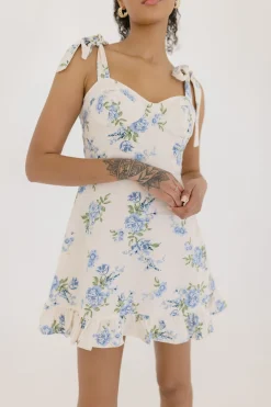 Aimee Sleeveless Shoulder Tie Floral Print Mini Dress Ivory