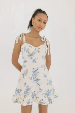 Aimee Sleeveless Shoulder Tie Floral Print Mini Dress Ivory