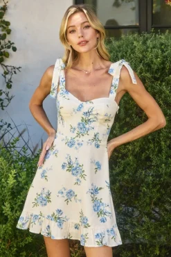 Aimee Sleeveless Shoulder Tie Floral Print Mini Dress Ivory