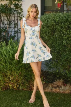 Aimee Sleeveless Shoulder Tie Floral Print Mini Dress Ivory