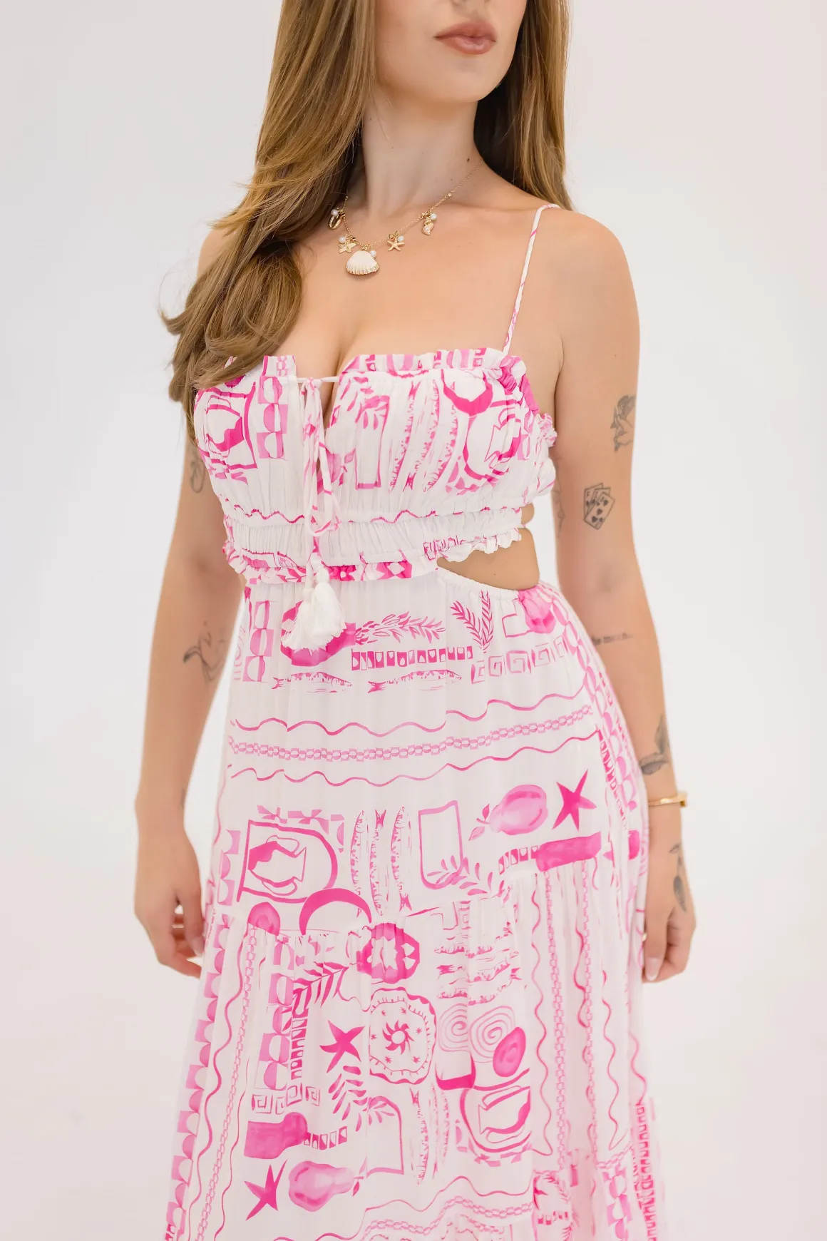 Ainsley Sleeveless Cut Out Tropical Print Maxi Dress Pink