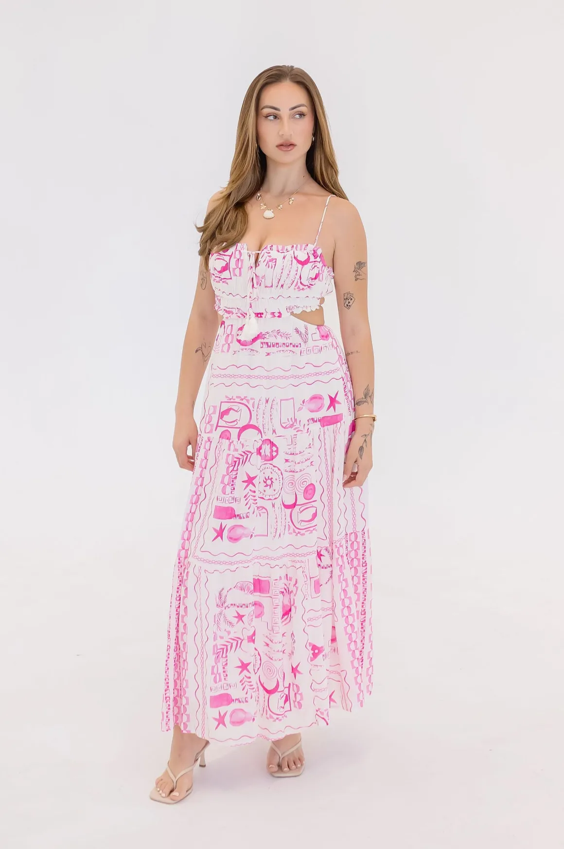 Ainsley Sleeveless Cut Out Tropical Print Maxi Dress Pink