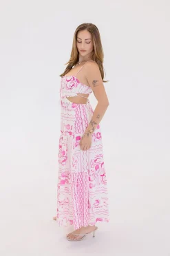 Ainsley Sleeveless Cut Out Tropical Print Maxi Dress Pink