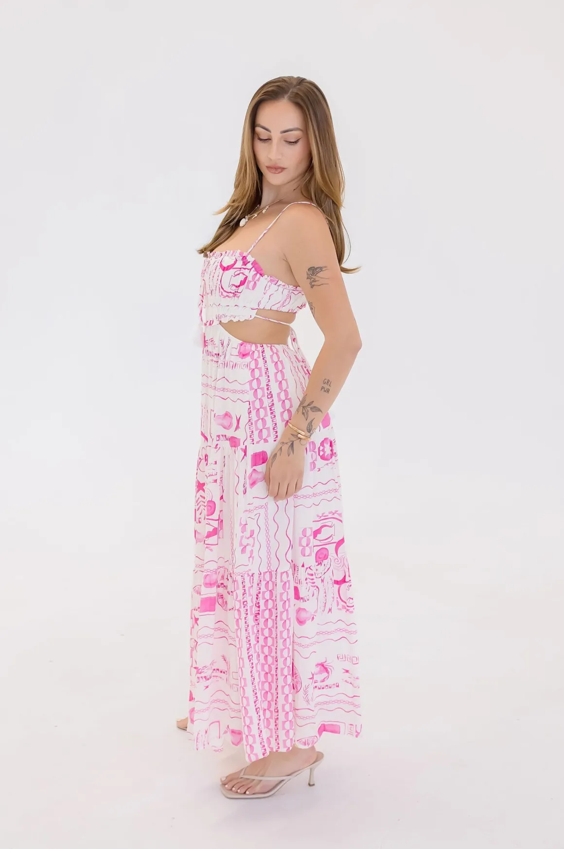 Ainsley Sleeveless Cut Out Tropical Print Maxi Dress Pink