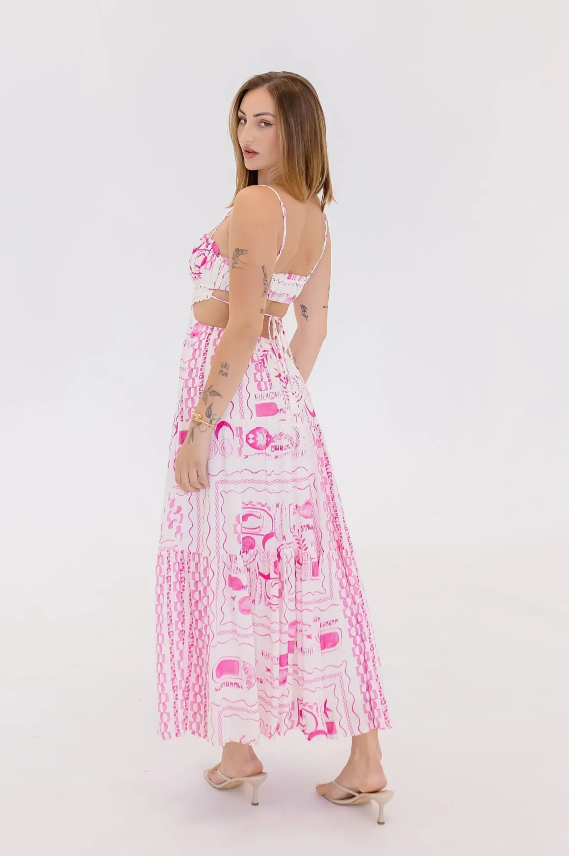 Ainsley Sleeveless Cut Out Tropical Print Maxi Dress Pink