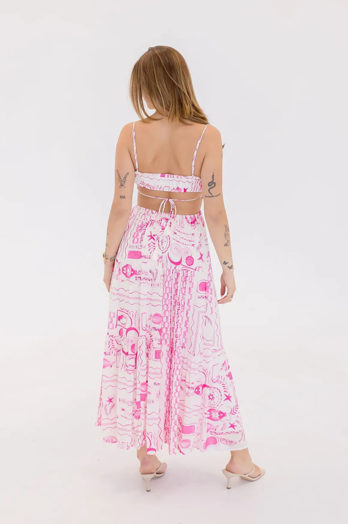 Ainsley Sleeveless Cut Out Tropical Print Maxi Dress Pink