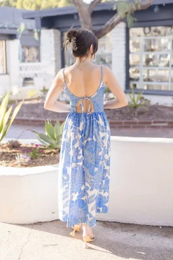 Alexa Sleeveless Back Cut Out Floral Print Midi Dress Blue