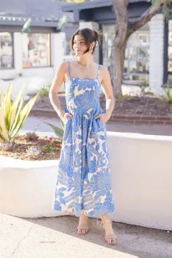 Alexa Sleeveless Back Cut Out Floral Print Midi Dress Blue