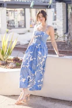Alexa Sleeveless Back Cut Out Floral Print Midi Dress Blue