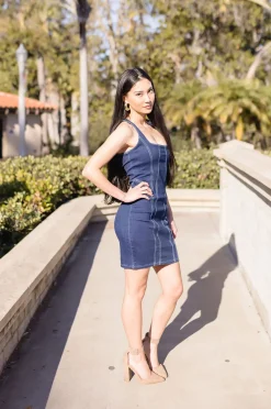 Alexandra Sleeveless Contrast Seam Denim Mini Dress Dark Wash