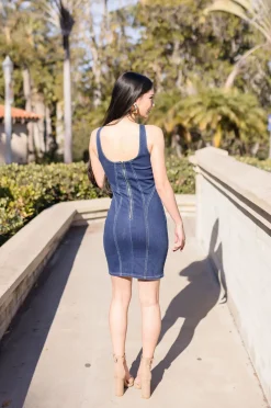 Alexandra Sleeveless Contrast Seam Denim Mini Dress Dark Wash