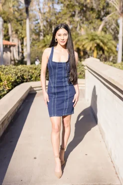 Alexandra Sleeveless Contrast Seam Denim Mini Dress Dark Wash