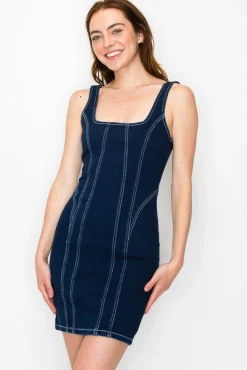 Alexandra Sleeveless Contrast Seam Denim Mini Dress Dark Wash