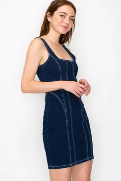 Alexandra Sleeveless Contrast Seam Denim Mini Dress Dark Wash
