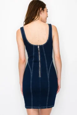 Alexandra Sleeveless Contrast Seam Denim Mini Dress Dark Wash