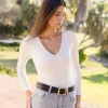 Alina Long Sleeve V Neck Double Layer Bodysuit White