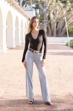 Alina Long Sleeve V Neck Double Layer Bodysuit Black
