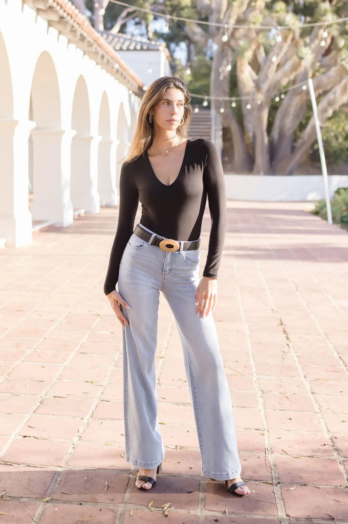 Alina Long Sleeve V Neck Double Layer Bodysuit Black
