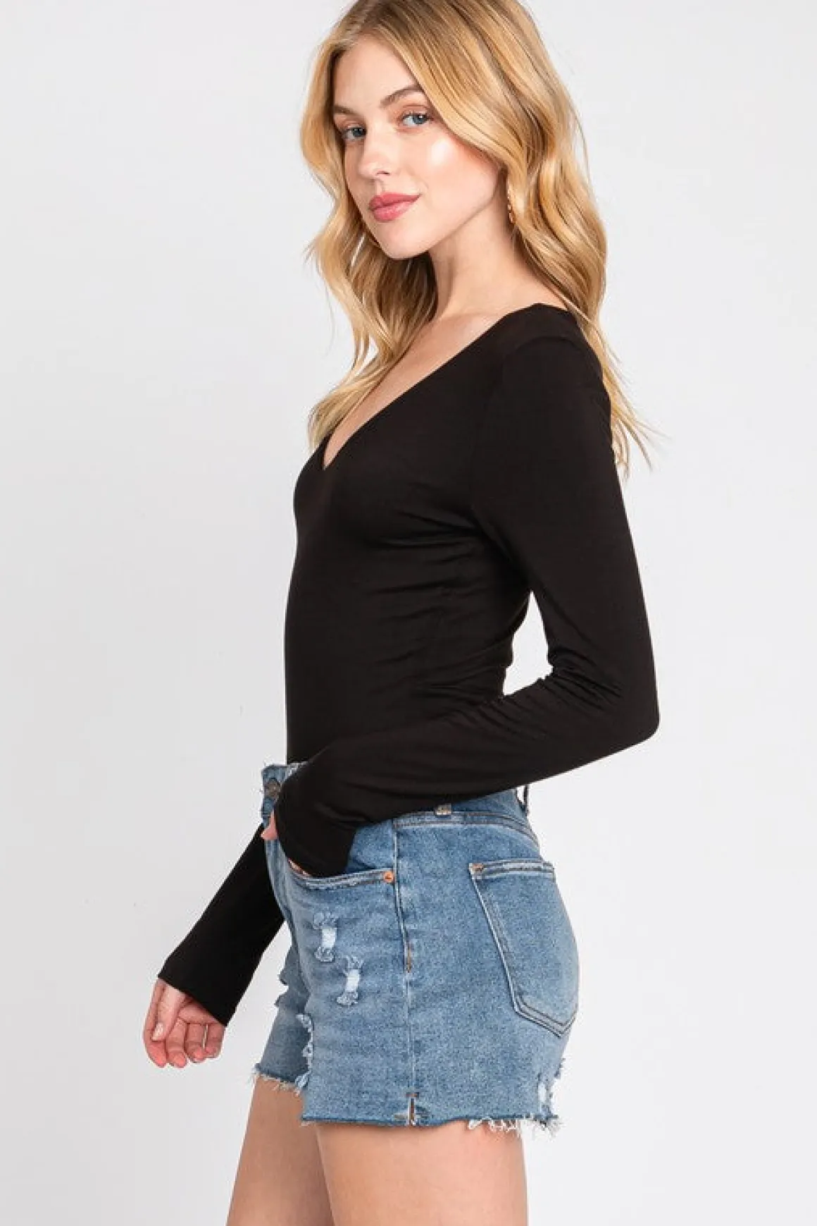 Alina Long Sleeve V Neck Double Layer Bodysuit Black