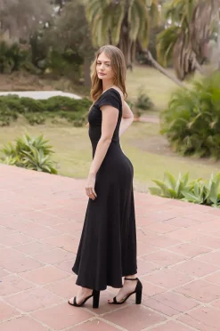 Aliyah Short Cap Sleeve Stretch Linen Midi Dress Black