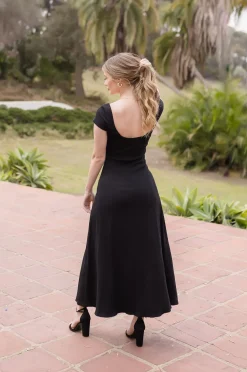 Aliyah Short Cap Sleeve Stretch Linen Midi Dress Black
