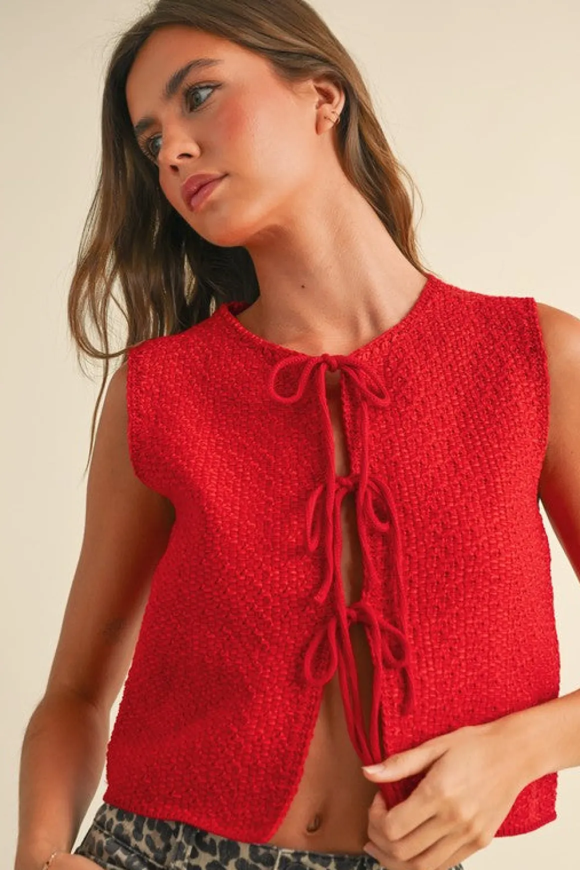 Allison Sleeveless Front Tie Sweater Top Red