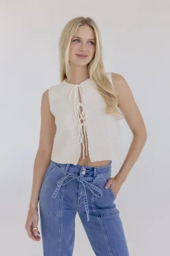 Allison Sleeveless Front Tie Sweater Top Cream