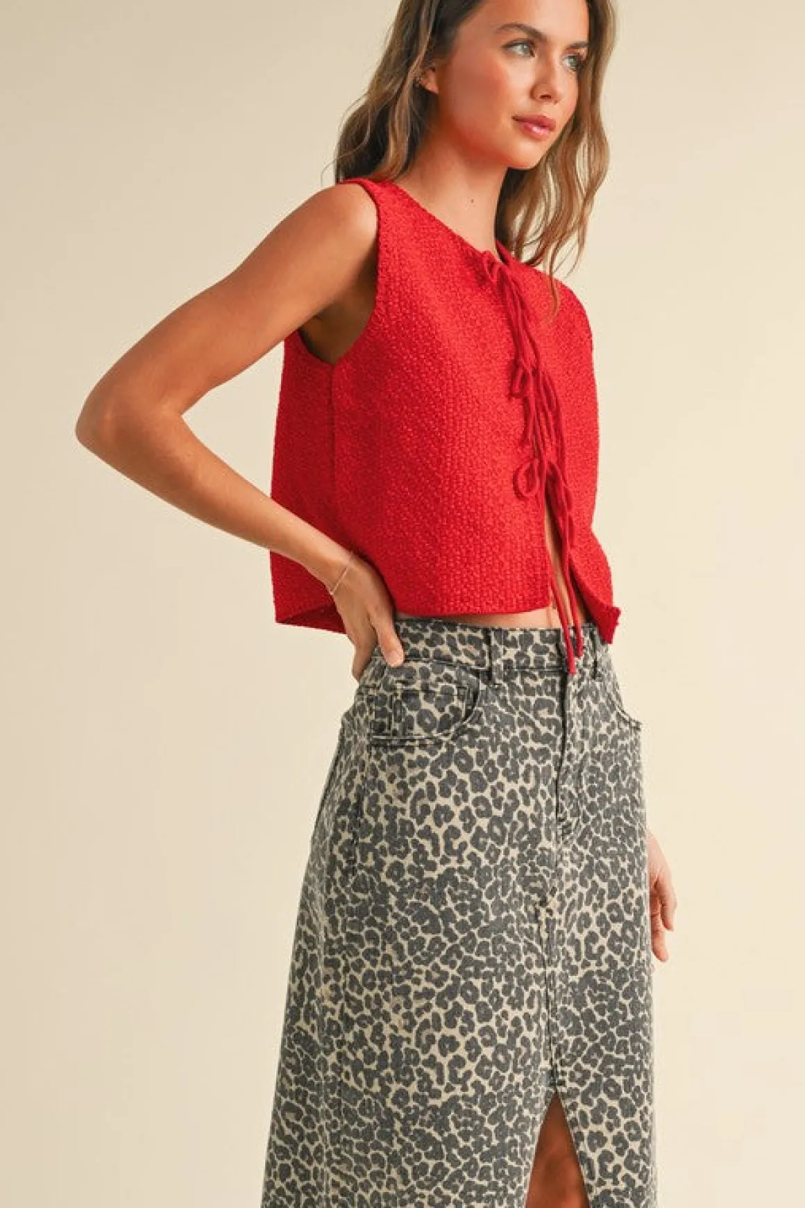 Allison Sleeveless Front Tie Sweater Top Red
